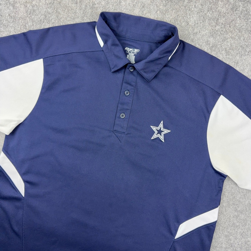 Dallas Cowboys Polo Shirt Mens Medium Navy White Reebok NFL Golf Shirt Dri Fit
